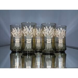 🌾 Vintage Wheat Sheaf Glasses – Set of 5 | Cozy Mid-Century Drinkware